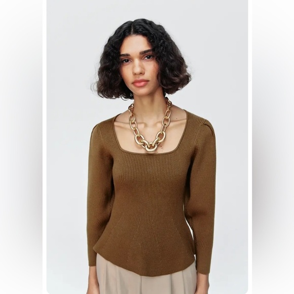 Zara Tops - Zara brown square neck knit sweater top size medium fitted bohemian puff sleeve